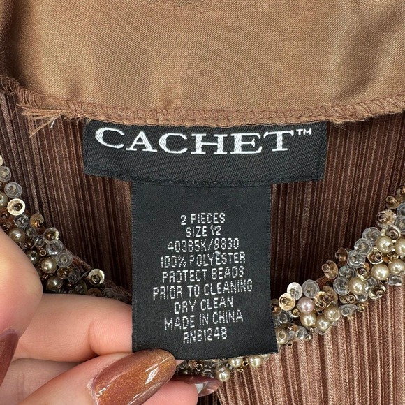 Vintage Cachet 2 Piece Bronze Chocolate Beaded Maxi Dress Size 12 Evening Formal - Picture 13 of 13